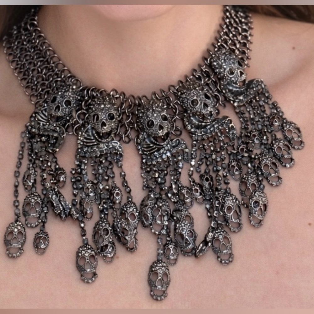 Eyecandy Gothic Skull Statement Necklace Chainmail Rhinestone Choker Punk